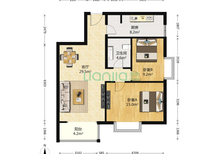 2室1厅1卫94.83-北京彩虹城三区户型图