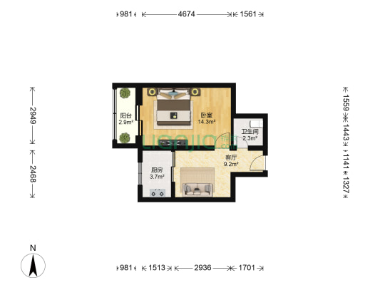 葛布店北里西南向中间楼层小户型一居室