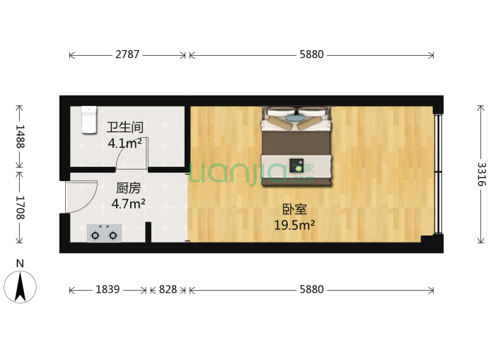 1室0厅1卫57.52㎡-北京新金山公寓户型图