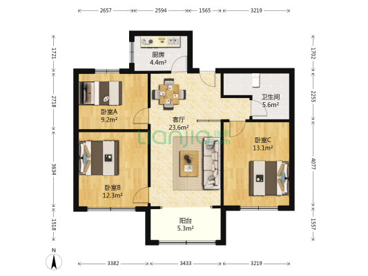 御驾新苑b区 3室2厅 112万-户型图