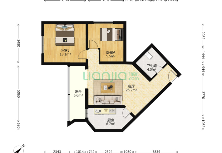 2室1厅1卫88.51-北京望京西园二区户型图