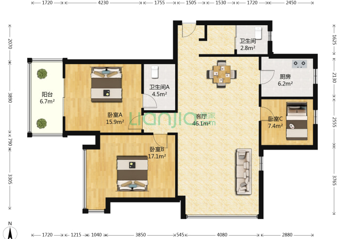 3室1厅2卫116.45-南京江南青年城蓝水苑户型图