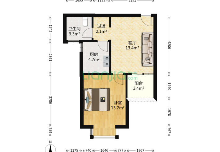 1室1厅1卫50.5㎡-南京冠城大通蓝郡户型图