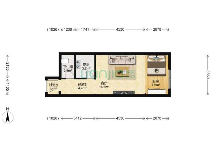 1室1厅1卫46.4㎡-北京青年公寓户型图
