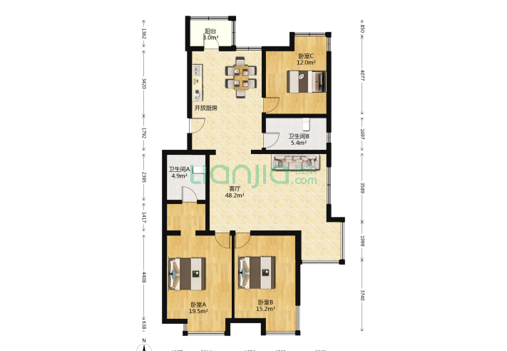 3室1厅2卫125.27㎡-北京冠庭园户型图