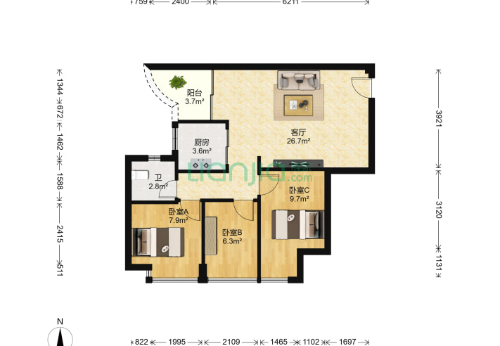 3室1厅1卫76.3㎡-深圳都市花园户型图