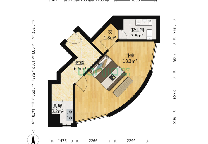 丹枫白露城东1号 1室0厅1卫 54㎡ 户型