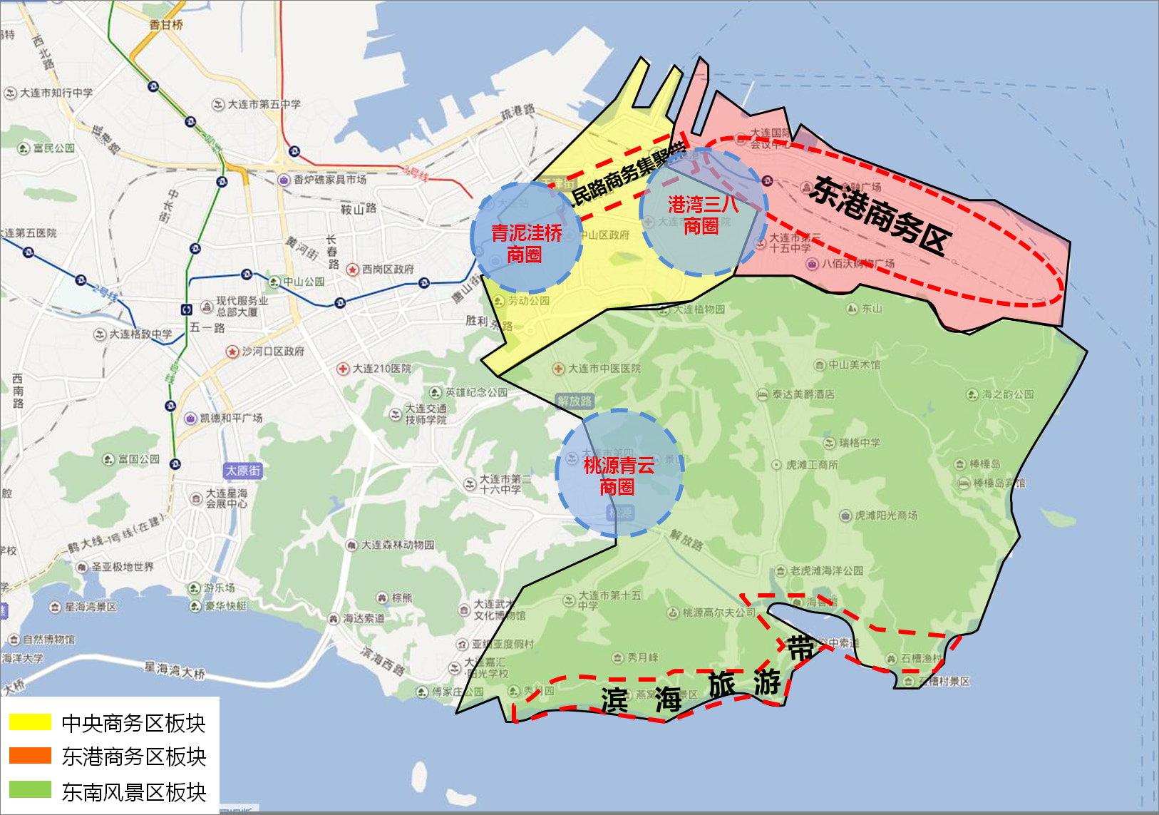 (一区:东港商务区;两带:人民路商务集聚带,南部滨海旅游带;三圈:青泥