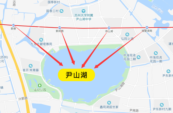 上图可见,尹山湖北接苏州市区,东连苏州工业园区,与独墅湖连通,南边