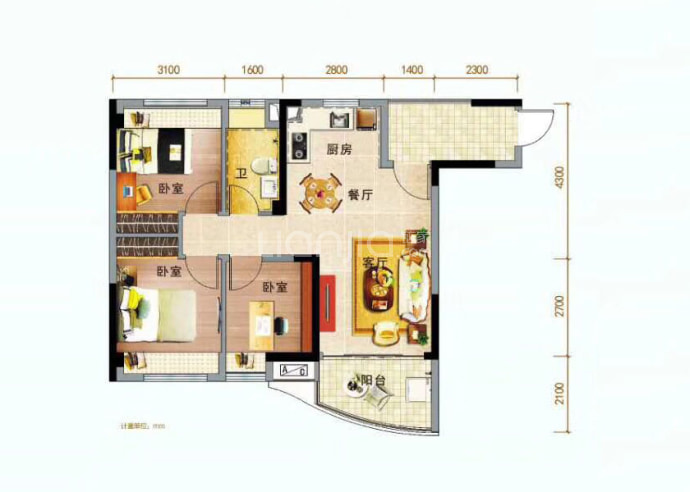 碧桂园椰城3室2厅1卫户型图