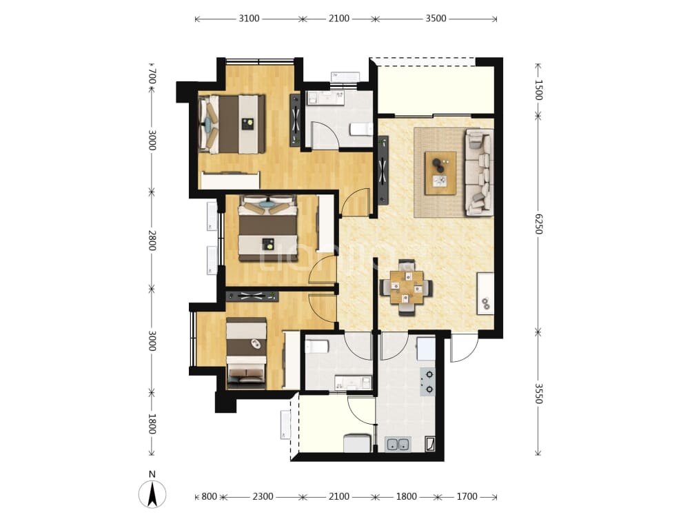 06m05朝向西南,东北户型方正餐客一体公摊大约73万/套3室2厅2卫住宅