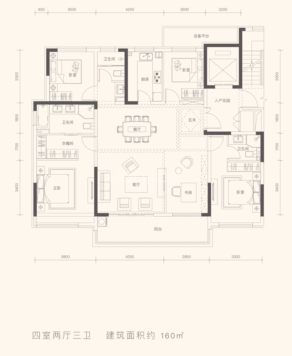 3室2厅2卫 建面 138m(南朝向)待售 价格待定 户型解读:布局合理,u型