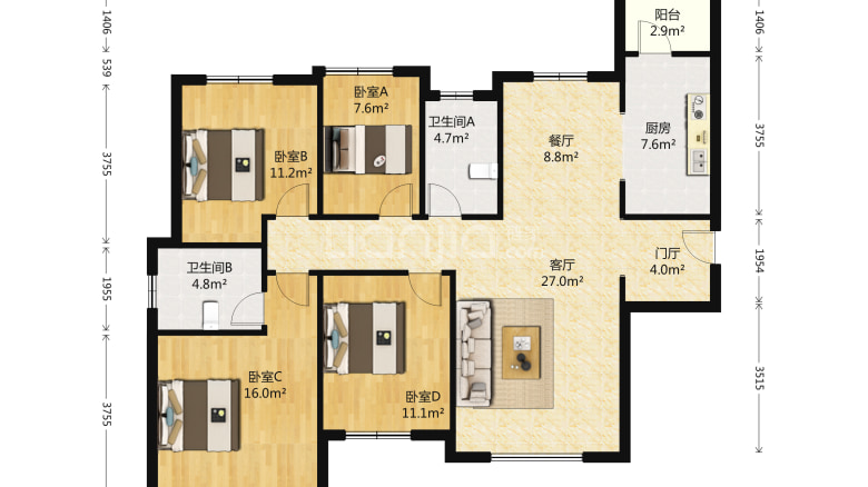 整租·富力又一城 4室2厅 南/西/北