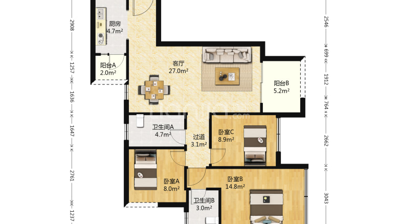 整租·鲁能泰山7号十二街区 3室1厅 东