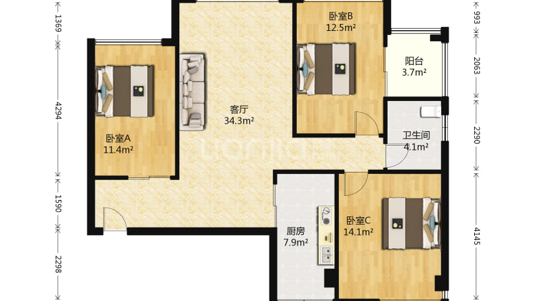整租·康斯丹郡 3室2厅 南