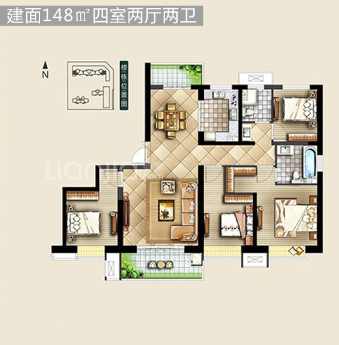 建面148㎡主力户型 四室两厅两卫,高层户型,布局紧凑,南北通透,四面