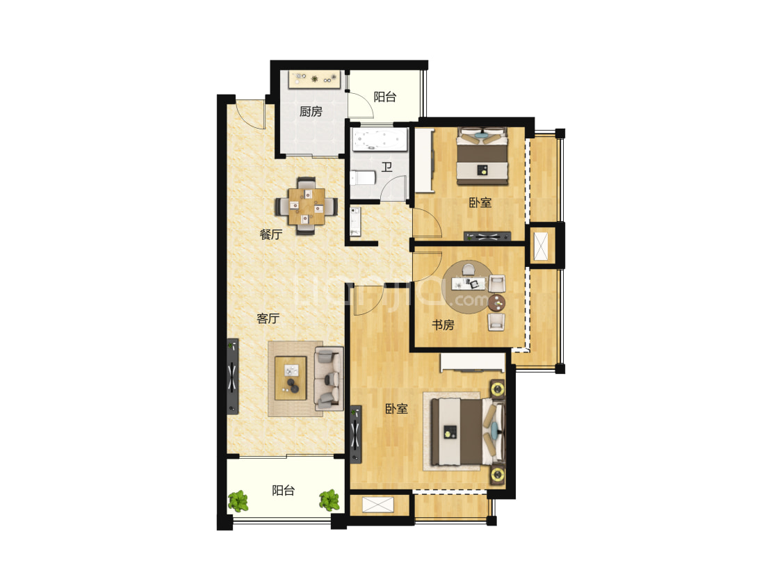源海仙村一号14-15栋02户型110平三房户型图(链家网)