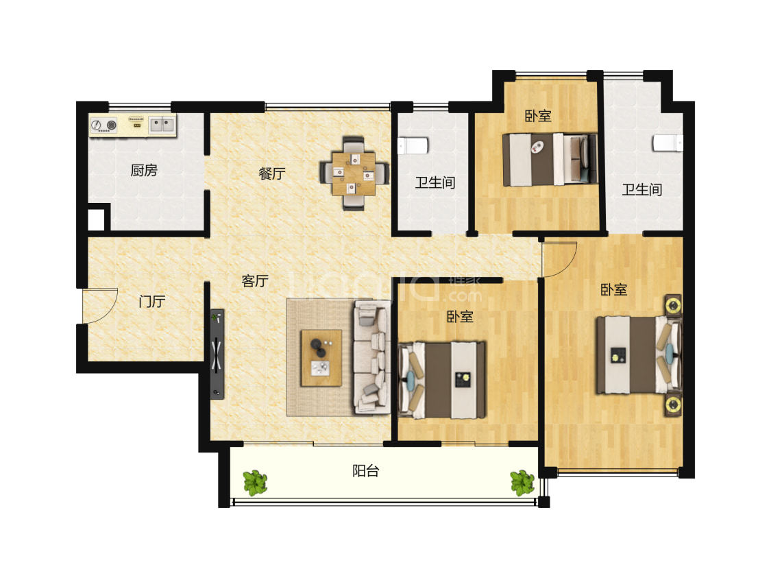 锦绣国际花城四期124平米户型户型图(链家网)