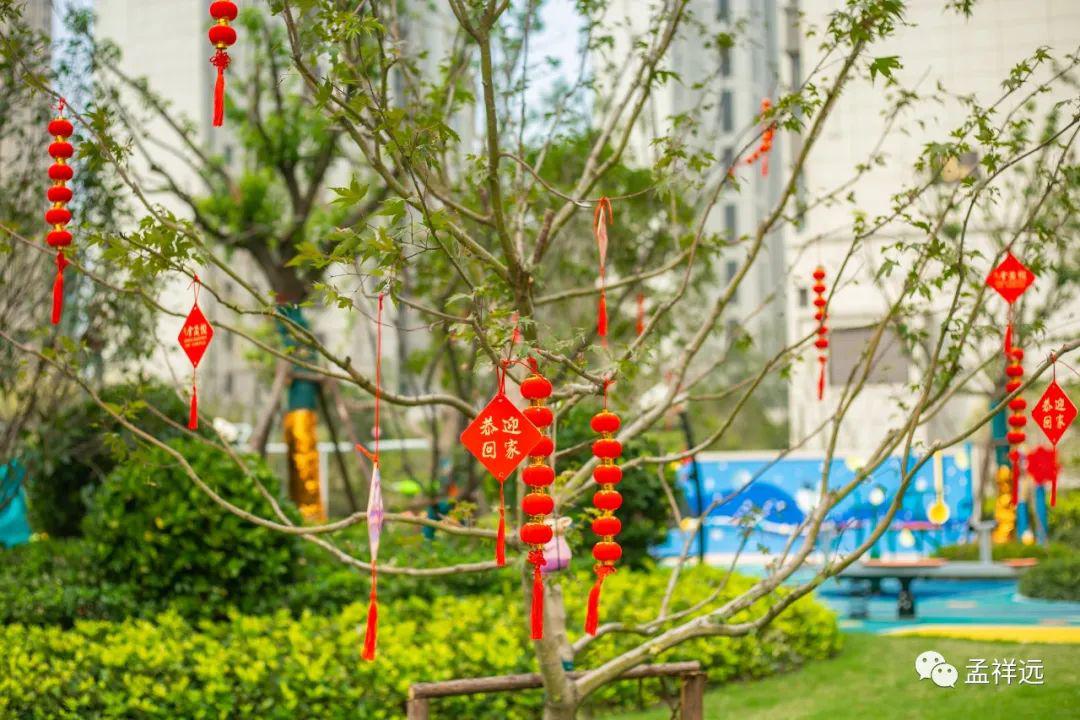 江宁金茂悦在树上挂满了小红灯笼和印有"欢迎回家"的中国结,喜庆感