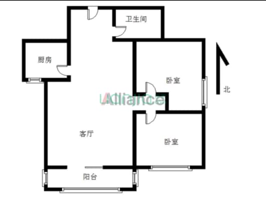 德信公园旁，翡翠城在正规两居，中高楼层，户型方正-户型图