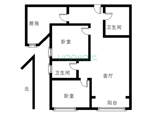 格局合理双卫朝南两居室毛坯出售-户型图