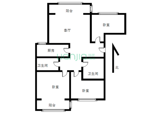 房本满五 中间楼层 采光充足 双卫三居-户型图