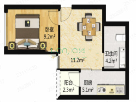 华盛峰荟名庭 1室1厅 东南