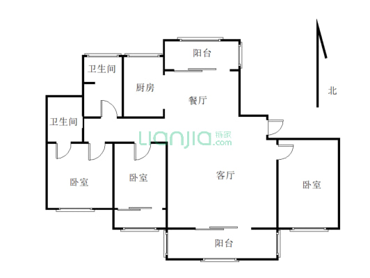 这套房子134.97平方，三室二厅二卫，三卧朝南，-户型图