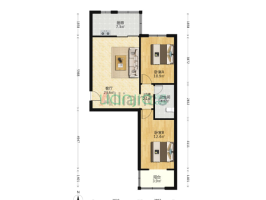 火车站 南北通透两居 精装 看房方便 房本在手-户型图
