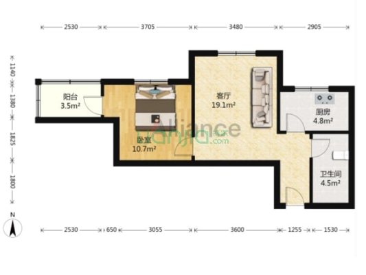水榭春天 1室1厅 东 北-户型图