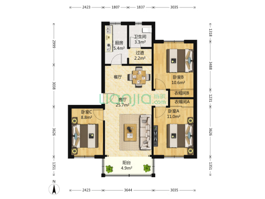 金竹苑B区 3室1厅1卫 92平方