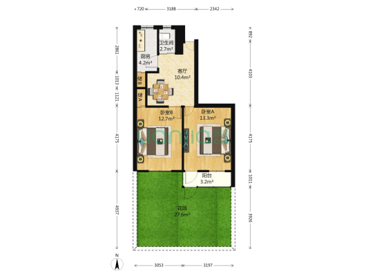 石头城 2室1厅1卫 61平方