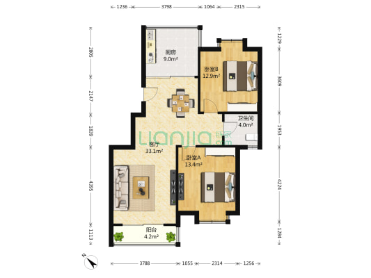 铂领公寓 2室1厅1卫 93平方
