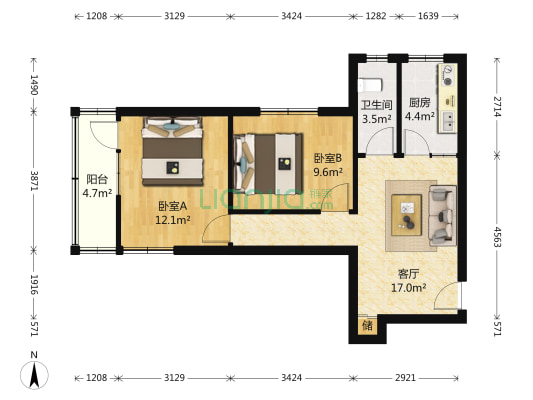 上海路9号 2室1厅1卫 64平方