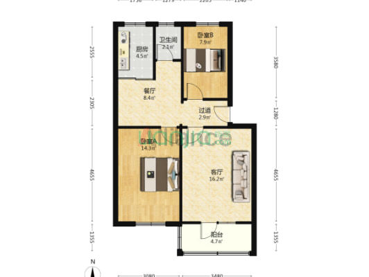 二康旁 中间楼层 集中供暖 户型方正 诚意出售-户型图