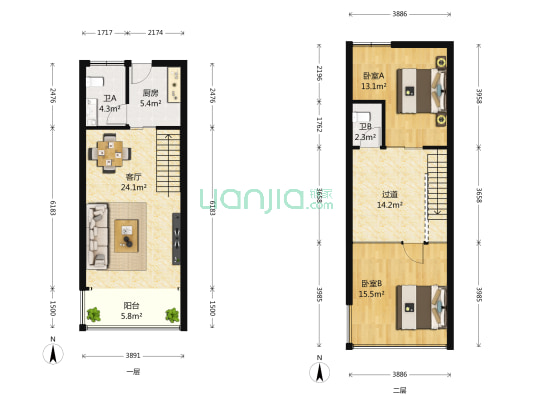 天元吉第城 2室1厅2卫 53平方