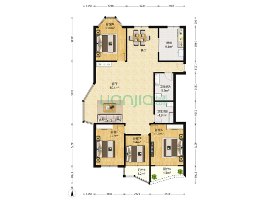 恒升花苑 4室1厅2卫 180平方