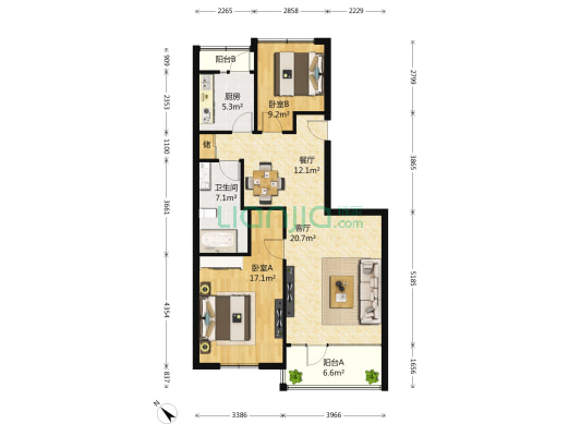 万象新天二区 2室2厅1卫 109平方