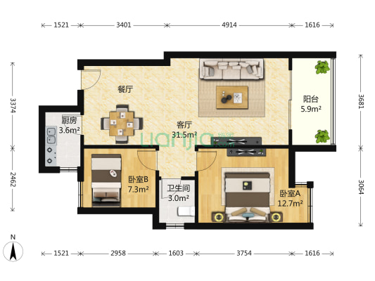 美好时光 2室1厅1卫 80平方