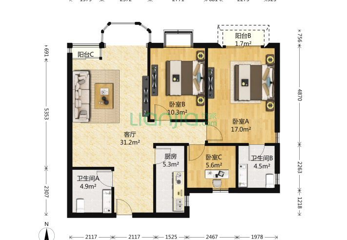 3室1厅2卫113.69㎡-北京珠江帝景户型图