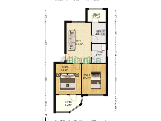 南北通透两居室，双卧朝南，小区安静，绿化好。-户型图