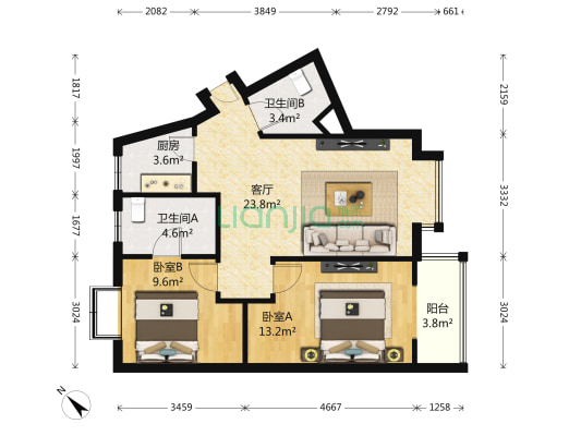 云湖阳光 2室1厅2卫 78平方