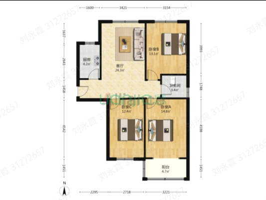 水岸花城 3室2厅 南 北-户型图