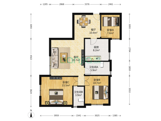 宏华苑 3室2厅2卫 109平方