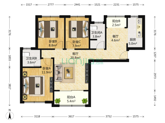 宝龙城 3室2厅2卫 106平方