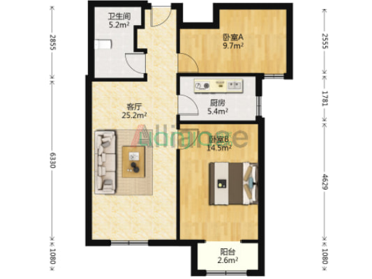 此房南向两居，好楼层，采光充足-户型图