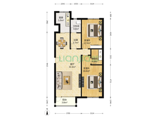 紫金枫尚 2室1厅1卫 103平方
