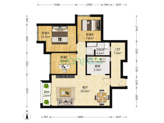 绿地国际花都三期 3室1厅1卫 88平方