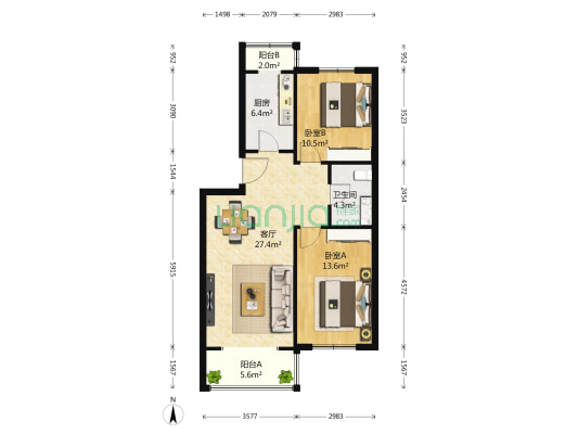 双惠苑3号院 2室1厅1卫 91平方
