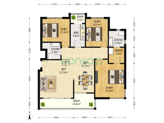 橙翠园 3室2厅2卫 134平方